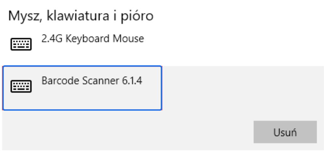 Menadżer urządzeń w systemie Windows z listą podłączonych urządzeń w kategorii ‘Mysz, klawiatura i pióro' z opcją usunięcia skanera kodów kreskowych.