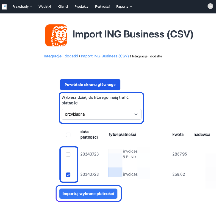 Import płatności ING Business w Fakturowni, wybór działu docelowego oraz opcja importowania wybranych płatności z listy