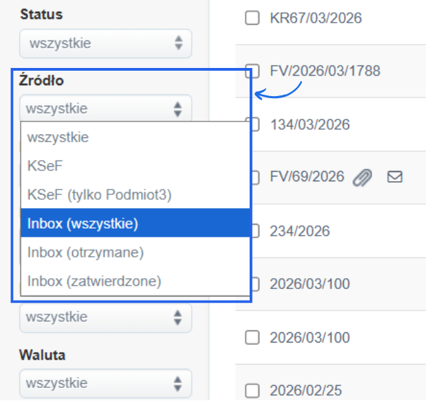 Filtry na liście faktur kosztowych w systemie Fakturownia z listą wyboru dla filtru Źródło.