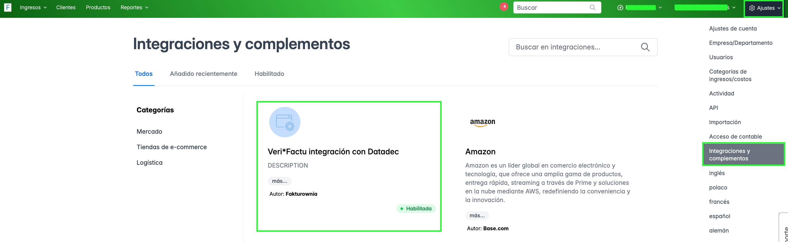Sección de integraciones en BitFactura con la opción Veri*Factu integración con Datadec