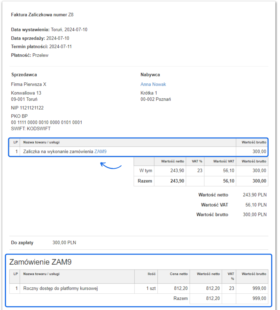 Podgląd faktury zaliczkowej numer Z8 z pozycją 'Zaliczka na wykonanie zamówienia ZAM9' oraz szczegóły zamówienia ZAM9 na roczny dostęp do platformy kursowej.