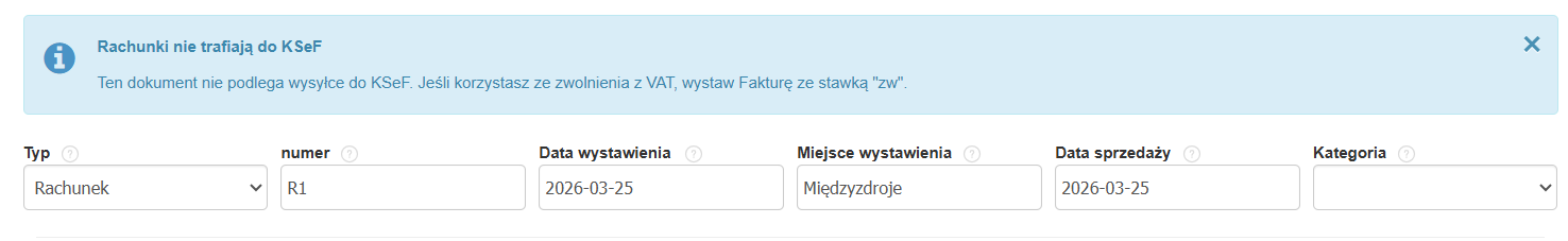 Komunikat systemowy w formularzu tworzenia rachunku traktujący o rachunku w kontekście KSeF.