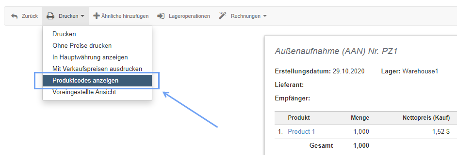 de produkt code drucken1