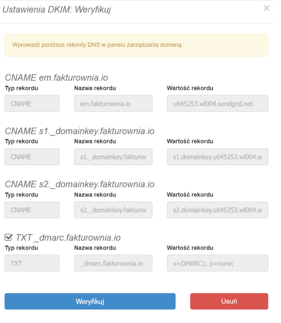 Ekran konfiguracji DKIM w systemie Fakturownia z instrukcjami dotyczącymi dodania rekordów DNS dla domeny, zawierający szczegóły rekordów CNAME i TXT.