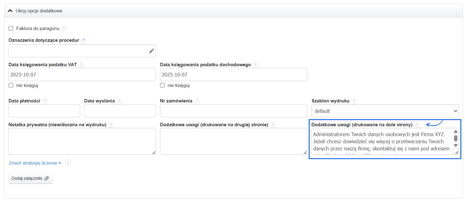 Formularz tworzenia/edycji faktury w systemie Fakturownia z dodatkowymi ustawieniami jak szablon w tym możliwością edycji treści dodatkowych uwagi widocznych na dole strony.