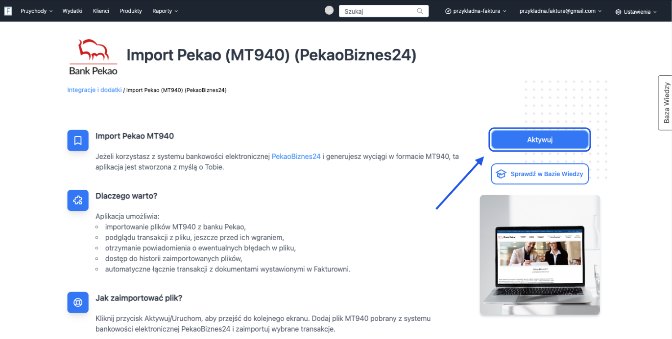 Import plików MT940 z PekaoBiznes24 w aplikacji do księgowości online, z opcją aktywacji i instrukcją importu transakcji.