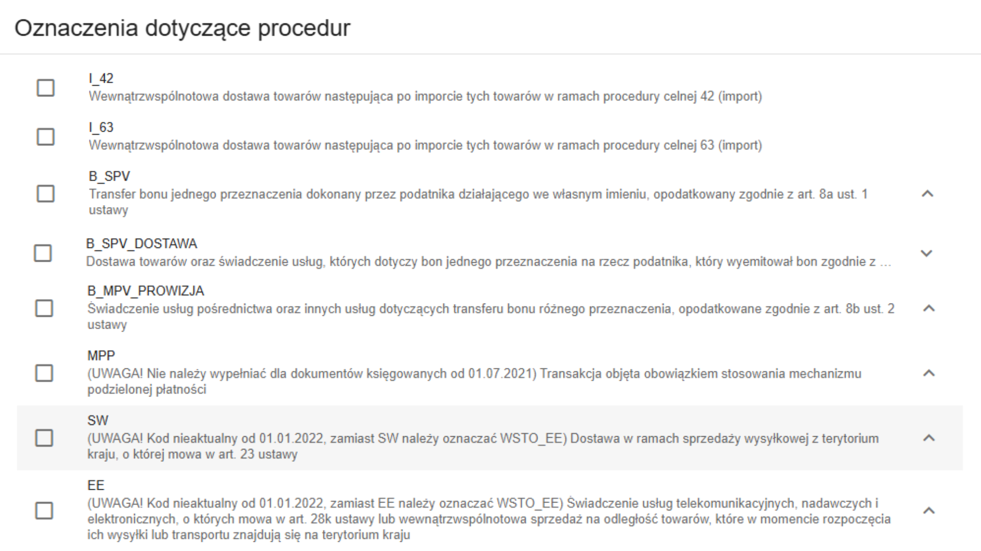 Oznaczenia procedur na fakturze, m.in. import I_42, bony SPV, mechanizm podzielonej płatności MPP, kod SW nieaktualny.