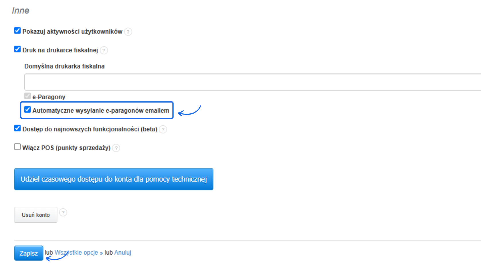 Ustawienia w systemie Fakturownia z włączoną opcją automatycznego wysyłania e-paragonów emailem oraz aktywacją dodatkowych funkcji.