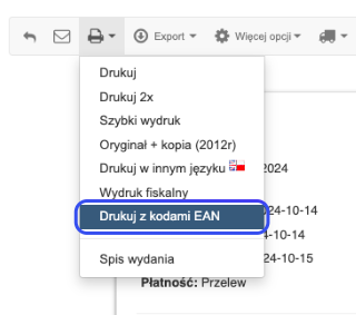 Opcje drukowania w systemie Fakturownia z zaznaczoną opcją Drukuj z kodami EAN
