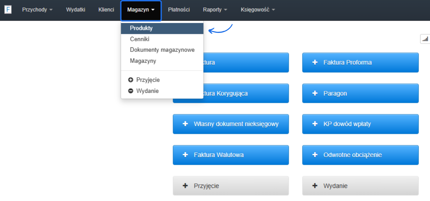 Menu systemu księgowego z rozwiniętą zakładką Magazyn, zawierającą opcje: Produkty, Cenniki, Dokumenty magazynowe, Magazyny, Przyjęcie, Wydanie.