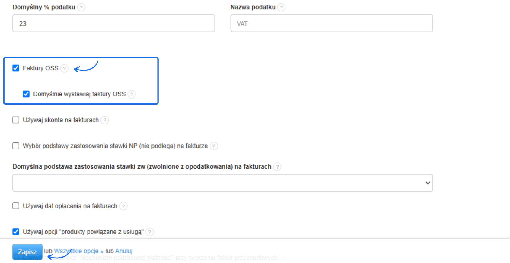 Opcje konfiguracji faktur w systemie, z zaznaczonymi ustawieniami dotyczącymi faktur OSS i domyślnego wystawiania faktur OSS.