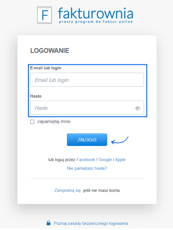 formularz logowania do systemu Fakturownia z polami do podania adresu e-mail i hasła oraz możliwością przypomnienia hasła.