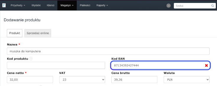 Formularz dodawania produktu w Fakturowni z czerwonym oznaczeniem błędu w polu Kod EAN dla wprowadzonego niepoprawnie kodu
