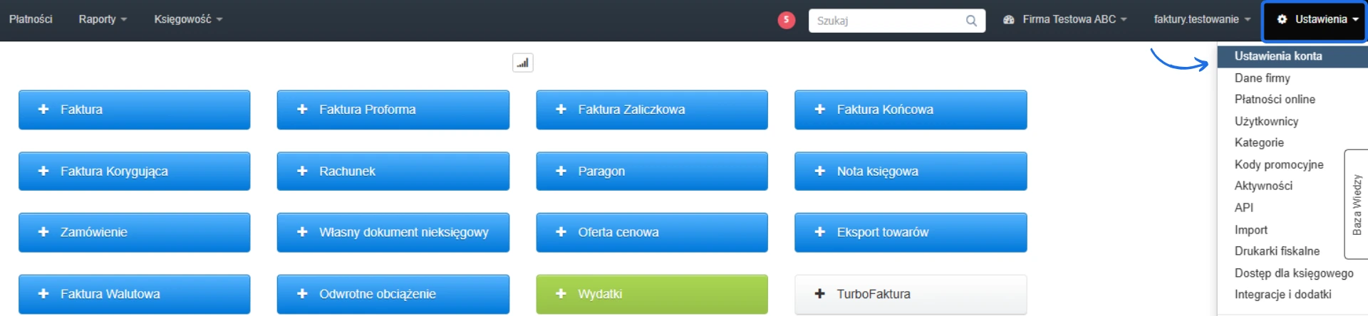 Panel główny aplikacji z opcjami faktur i wydatków, dostęp do ustawień konta, w tym dane firmy, płatności online, użytkownicy i kategorie.