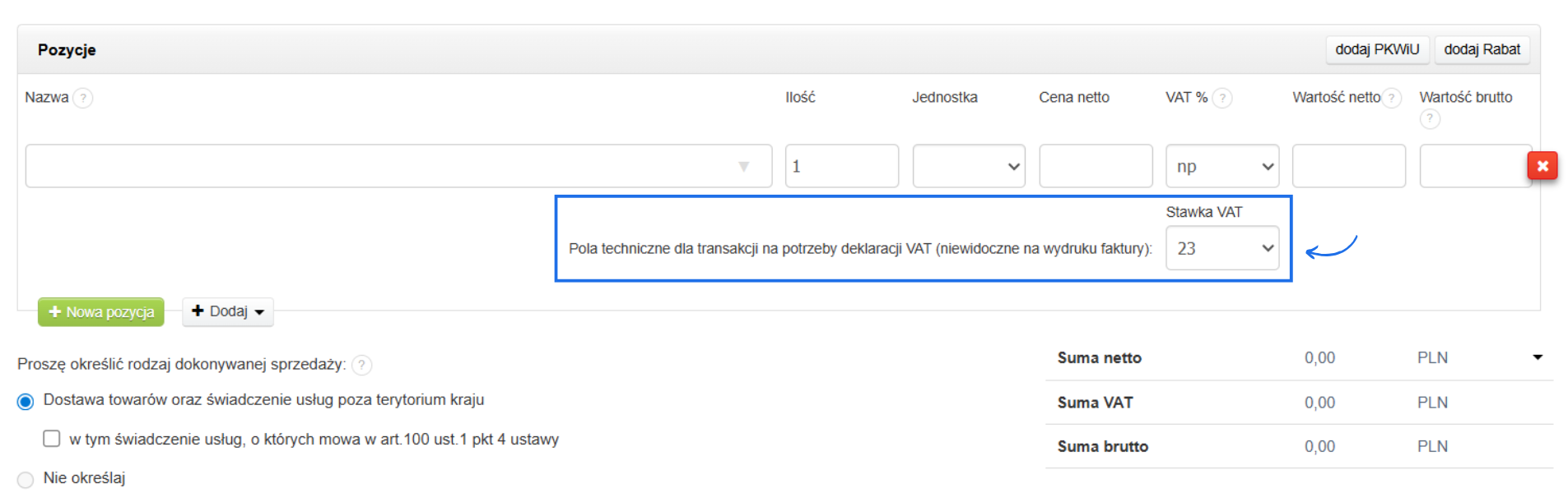 Formularz tworzenia faktury kosztowej w systemie Fakturownia z polem technicznym do wskazania krajowej stawki podatku do deklaracji VAT.