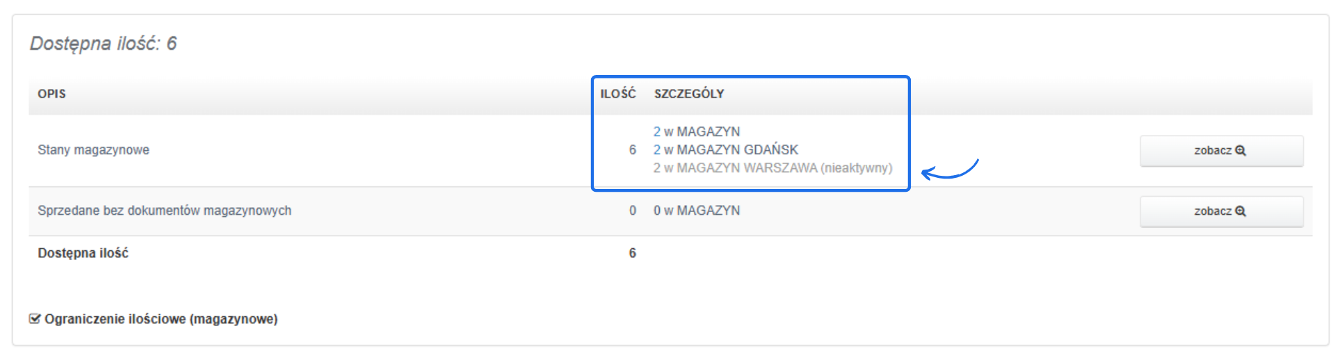 Widok stanów magazynowych w Fakturownia – dostępna ilość produktów w aktywnych i dezaktywowanych magazynach.