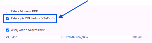 Opcje dotyczące załączników widoczne w formularzu wysyłki faktury w tym opcja 'Załącz plik XML faktury (KSeF)'.
