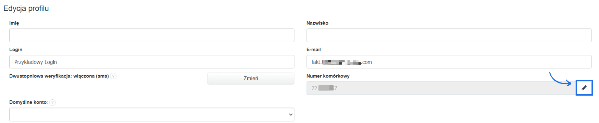 Edycja danych w profilu użytkownika z możliwością zmiany numeru telefonu komórkowego.