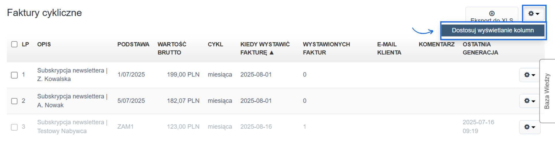 Lista cykli z aktywną opcją dostosowania wyświetlanej na niej kolumn.