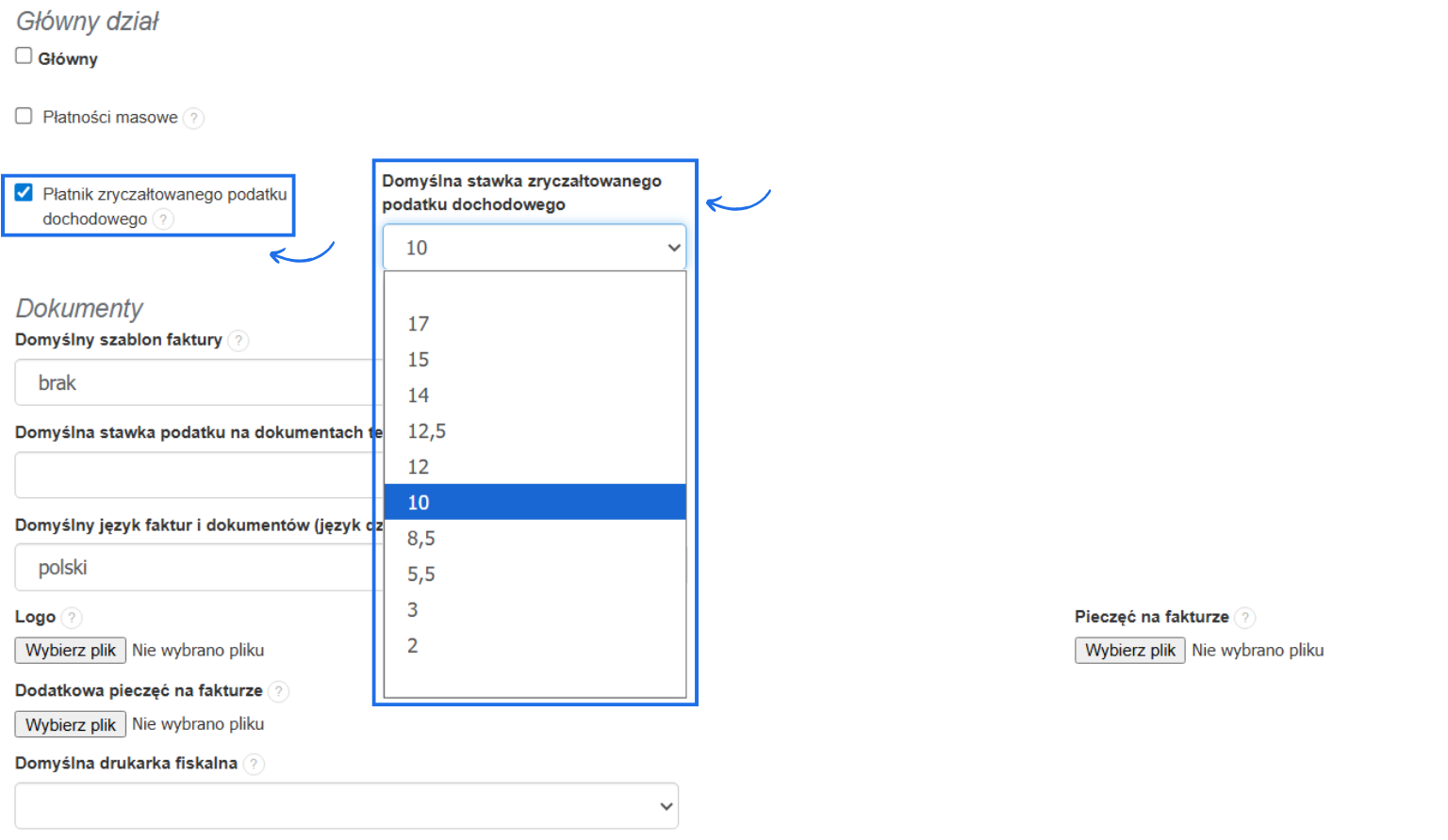 Ustawienia firmy w systemie Fakturownia z możliwością oznaczenia firmy jako płatnika zryczałtowanego podatku dochodowego i określenia domyślnej stawki ryczałtu.