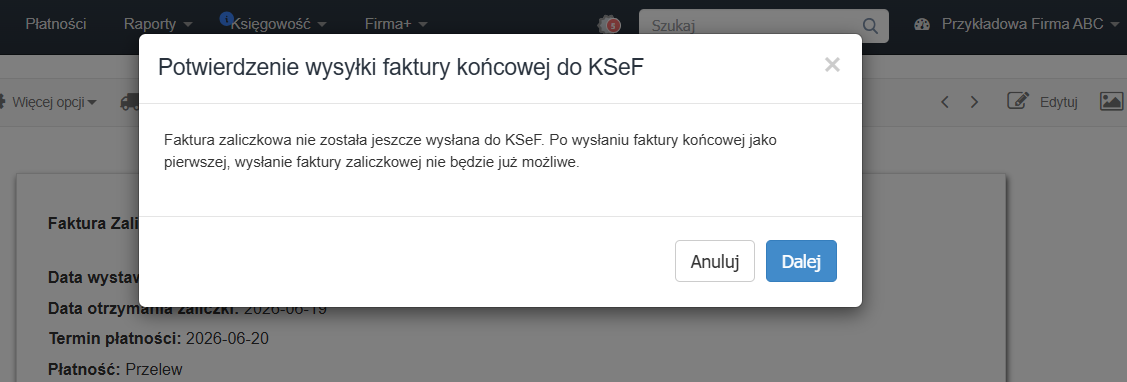 Komunikat systemowy wskazujący na konieczność wysyłki faktury zaliczkowej przed wystawieniem końcowej.