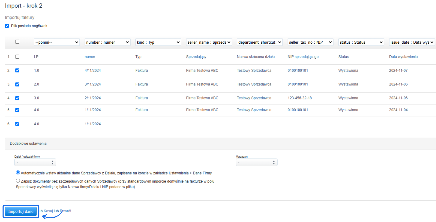 Ekran importu faktur, krok 2, z opcjami mapowania danych, zaznaczeniem nagłówka pliku i przyciskiem 'Importuj dane'.
