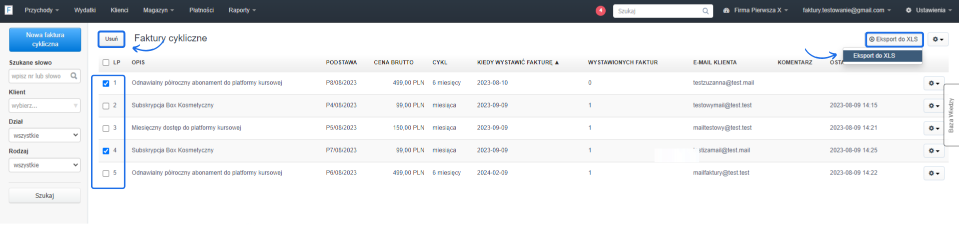 Widok listy faktur cyklicznych z opcjami dla różnych subskrypcji, w tym kosmetyki i platformy kursowej, z cenami i terminami wystawienia.