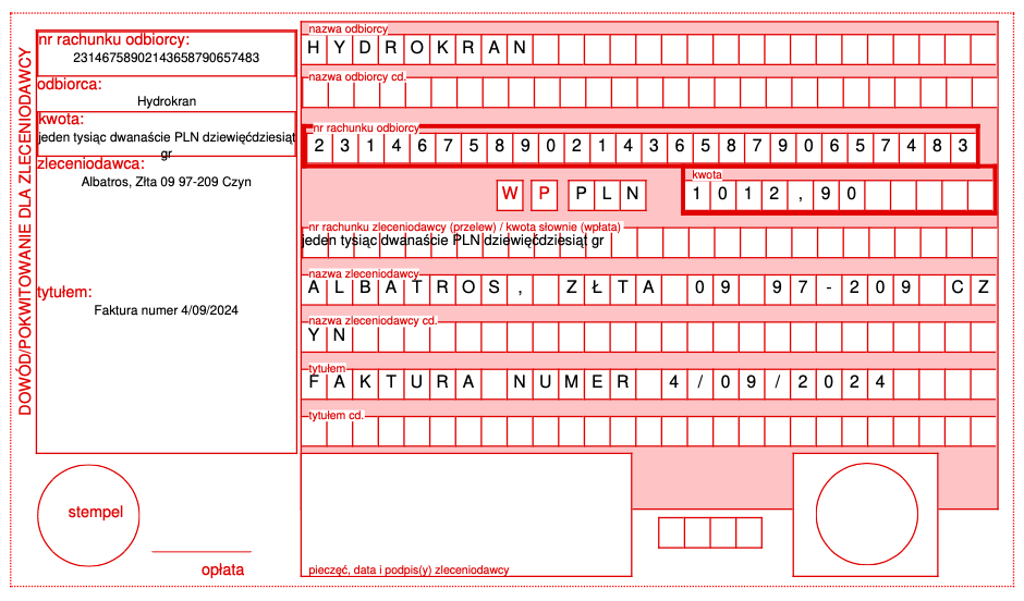 Druk potwierdzenia przelewu bankowego pomniejszonego o kwotę opłaconą z faktury częściowo opłaconej, z danymi odbiorcy, kwotą i tytułem