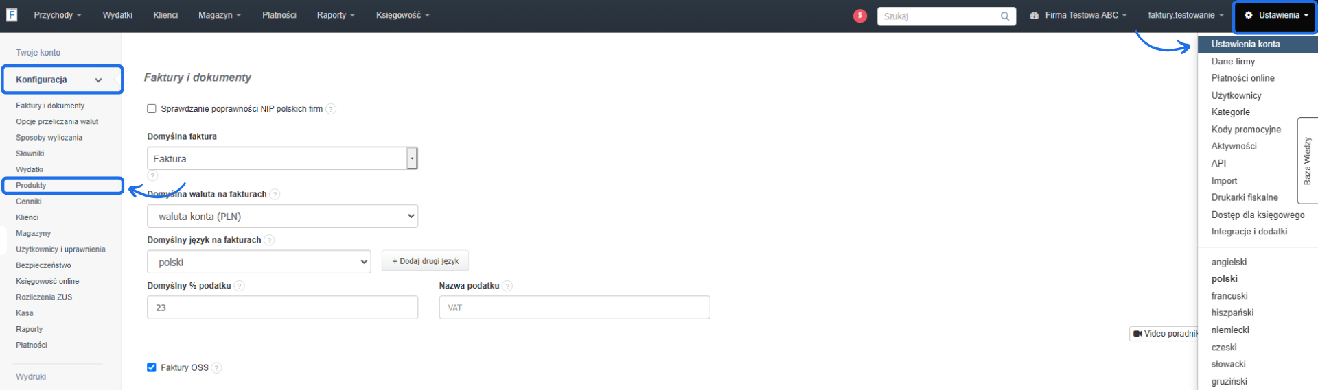 Panel konfiguracji w ustawieniach konta, z podmenu do zarządzania produktami i fakturami, w tym opcjami domyślnej waluty i podatków.