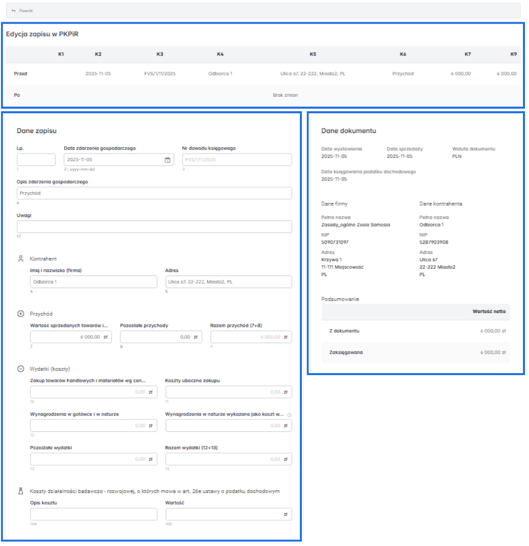 Szczegółowe dane zapisu zdarzenia gospodarczego z podziałem na sekcję edycja zapisu, dane zapisu i dane dokumentu.