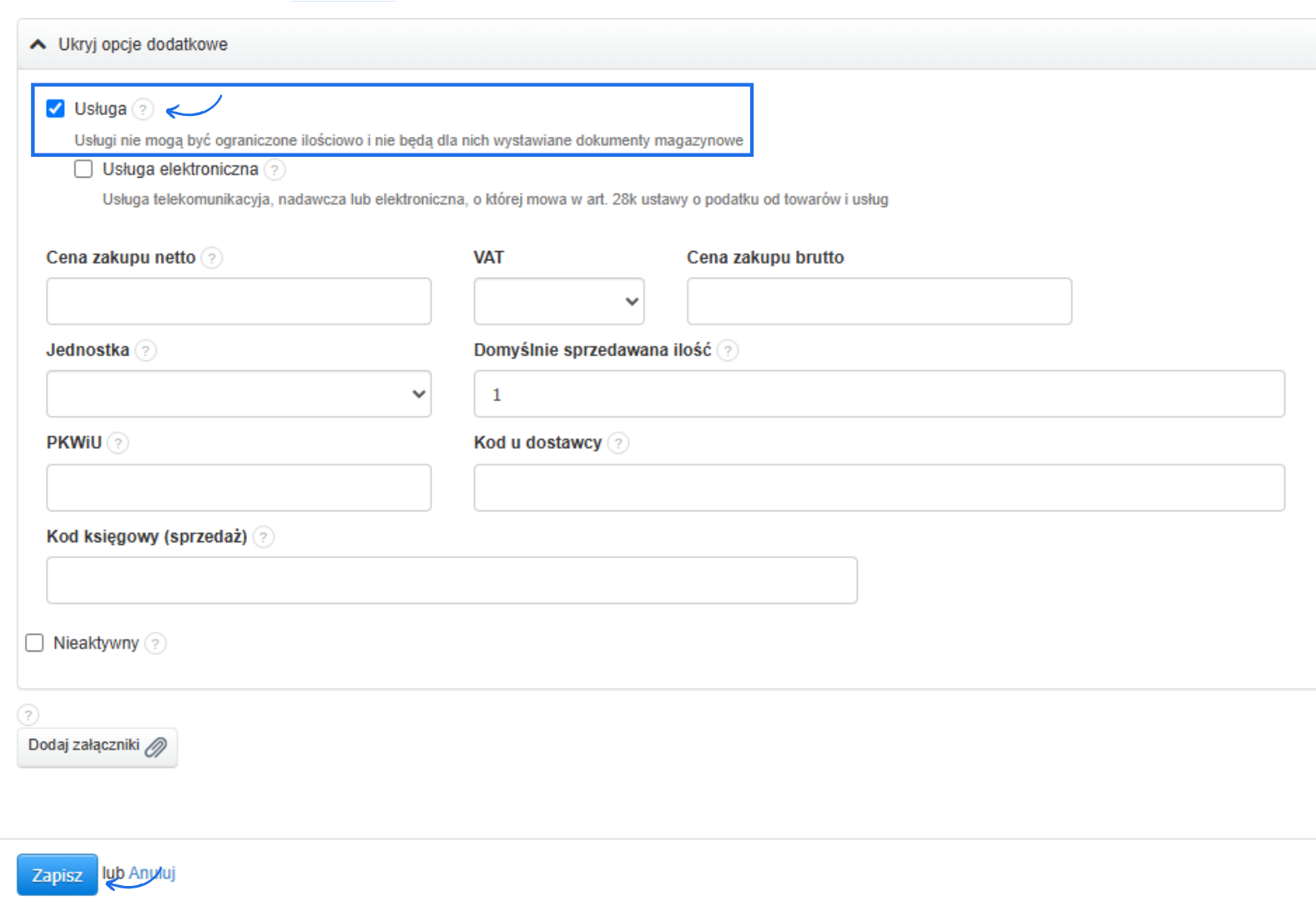ekcja opcji dodatkowych przy dodawaniu produktu z zaznaczonym polem „Usługa”, co wyklucza limity ilościowe i dokumenty magazynowe dla danego wpisu. Widoczne też pola: jednostka, PKWiU, kod księgowy i przycisk „Zapisz”.