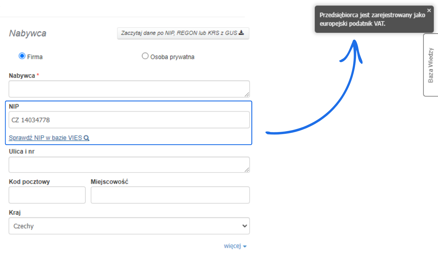 Formularz danych nabywcy z opcją sprawdzenia NIP w bazie VIES, polem NIP (CZ 14034778), wyborem kraju (Czechy) i komunikatem 'Przedsiębiorca jest zarejestrowany jako europejski podatnik VAT'.