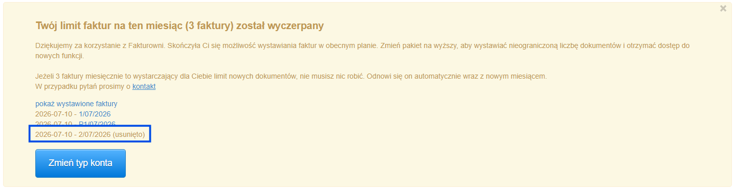 Informacja o dokumentach wystawionych w ramach limitu z dodatkową informacją, gdy faktura została usunięta
