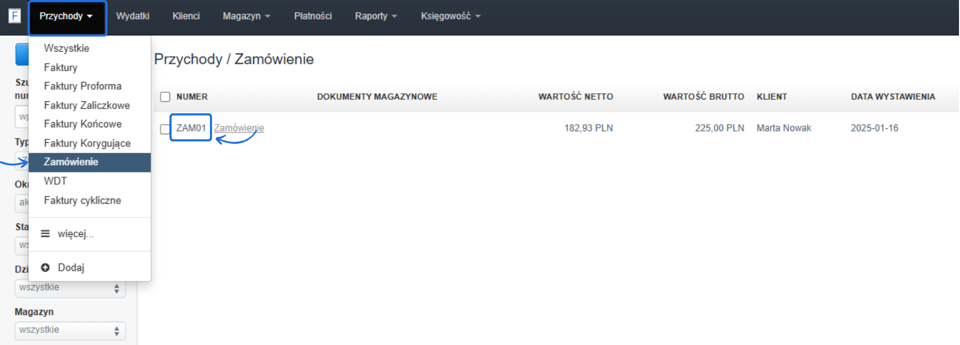 Panel zamówień w systemie fakturowym, widok listy zamówień z wybranym typem dokumentu 'Zamówienie' i przykładowym numerem ZAM01.