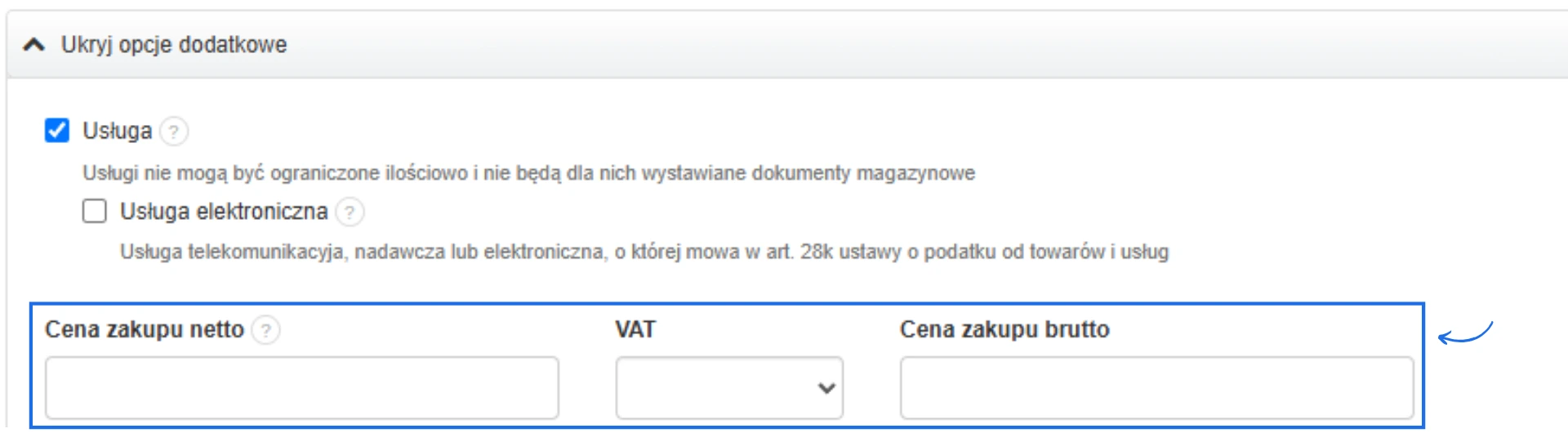 Sekcja dodatkowych opcji dla produktu typu „Usługa” z widocznymi polami do uzupełnienia ceny zakupu netto, stawki VAT oraz ceny zakupu brutto. Checkbox „Usługa” jest zaznaczony, co wyłącza limity ilościowe i dokumenty magazynowe.