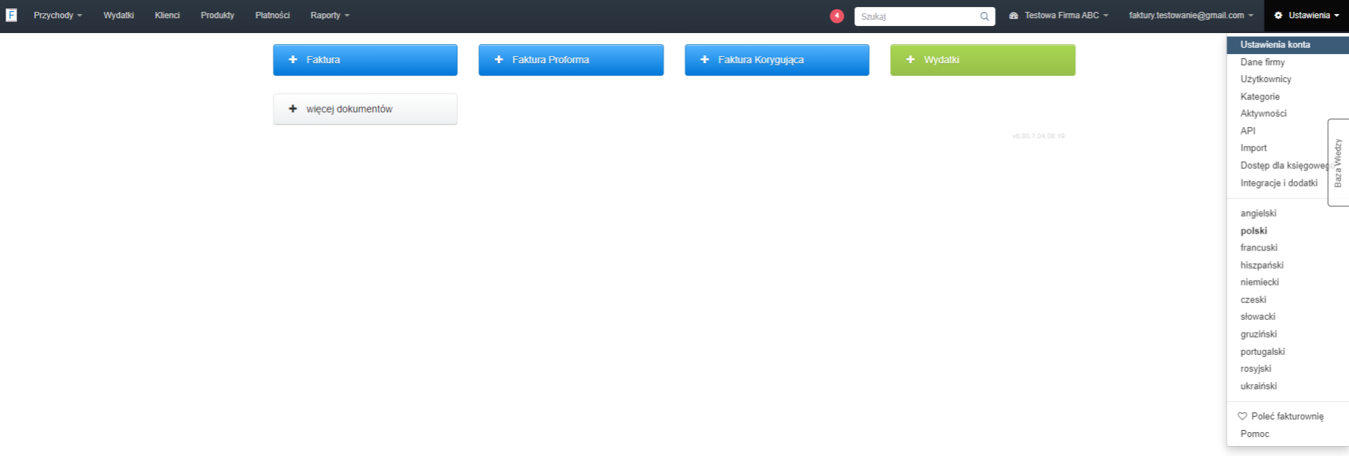 Ekran główny systemu Fakturowni z przyciskami do tworzenia faktur, faktur pro forma, faktur korygujących, wydatków i więcej dokumentów. Widoczne menu ustawień konta po prawej stronie.