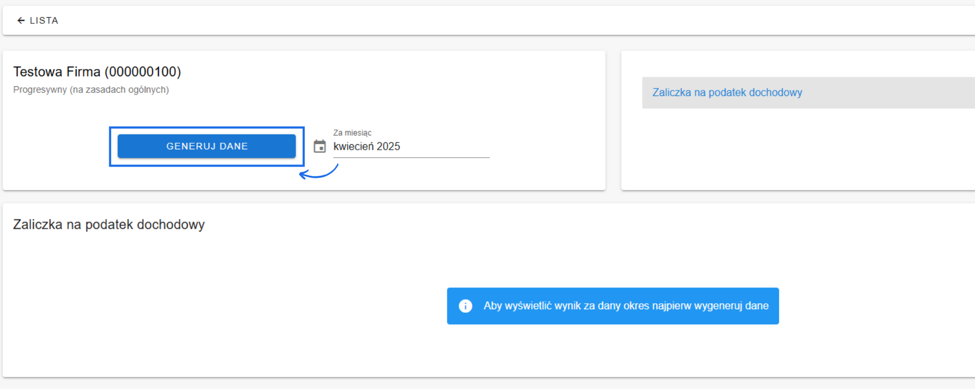 Ekran generowania danych do zaliczki na podatek dochodowy PIT za kwiecień 2025 w systemie księgowym online dla firmy.