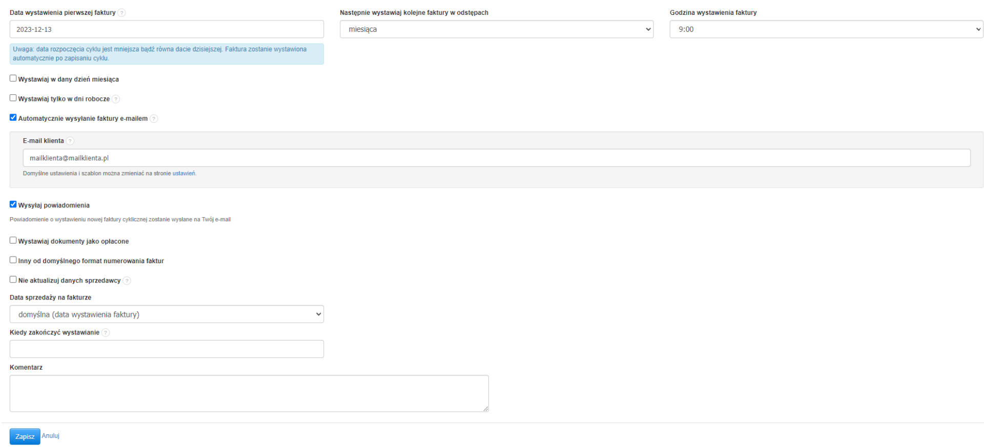Pozostałe ustawienia cyklu dostępne w formularzu tworzenia dokumentu cyklicznego z aktywną opcją automatycznej wysyłki do klienta.