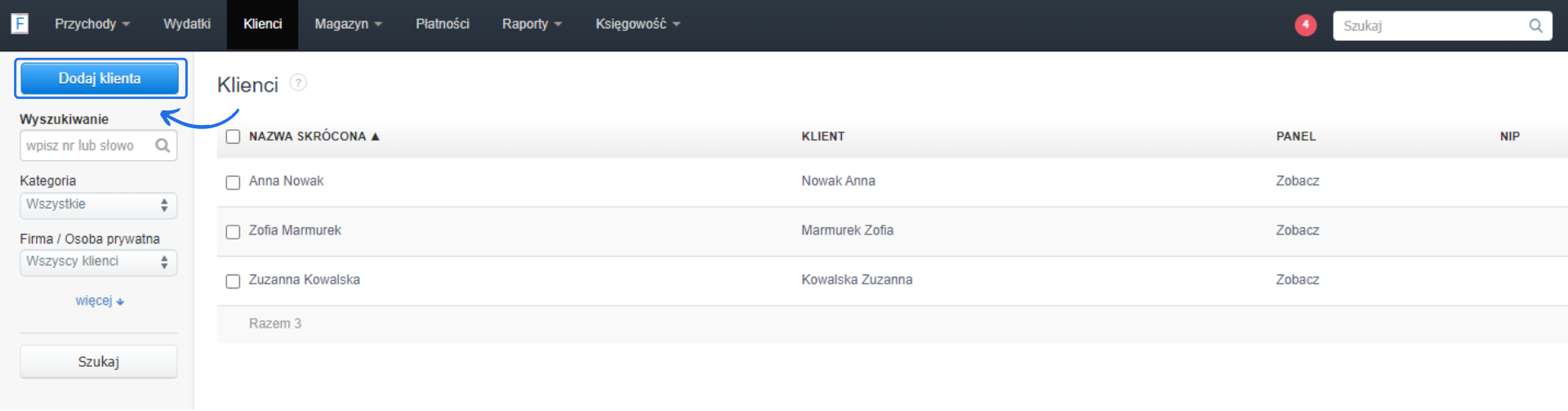 Ekran Klienci w Fakturowni z zaznaczonym przyciskiem 'Dodaj klienta' oraz listą istniejących klientów.