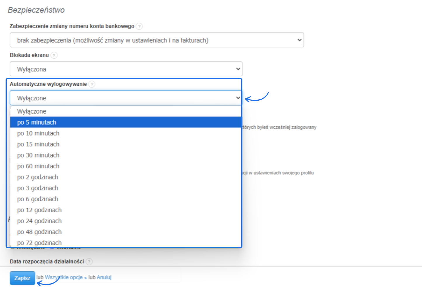 Ekran ustawień bezpieczeństwa z rozwijanym menu opcji automatycznego wylogowywania, umożliwiającym wybór czasu bezczynności.