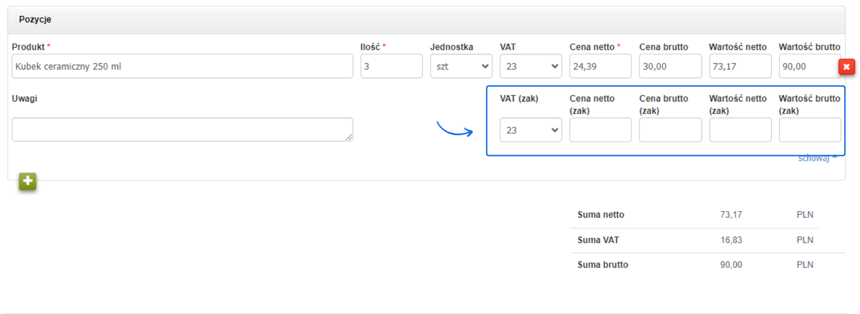 Formularz pozycji WZ z rozwiniętymi polami ceny zakupu: VAT, cena netto, cena brutto, wartość netto i brutto zakupu.