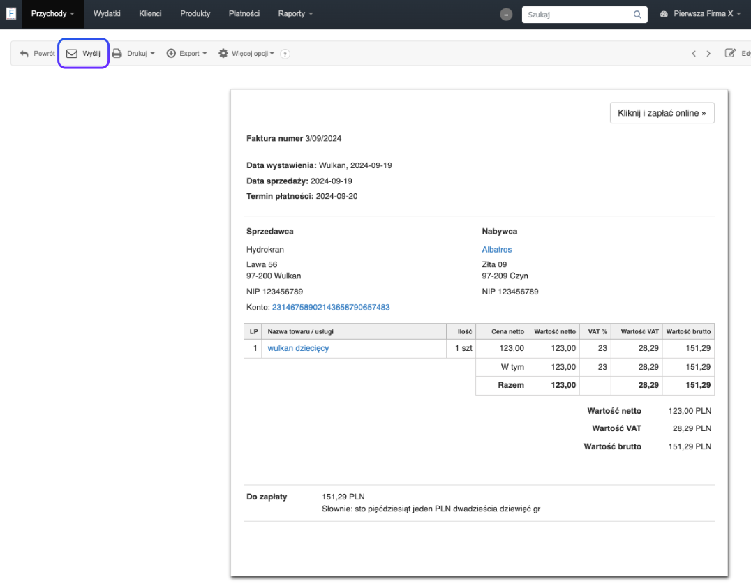 Podgląd faktury VAT z przyciskiem 'Wyślij', wystawionej w systemie Fakturownia. Widoczne opcje drukowania, eksportu i więcej opcji