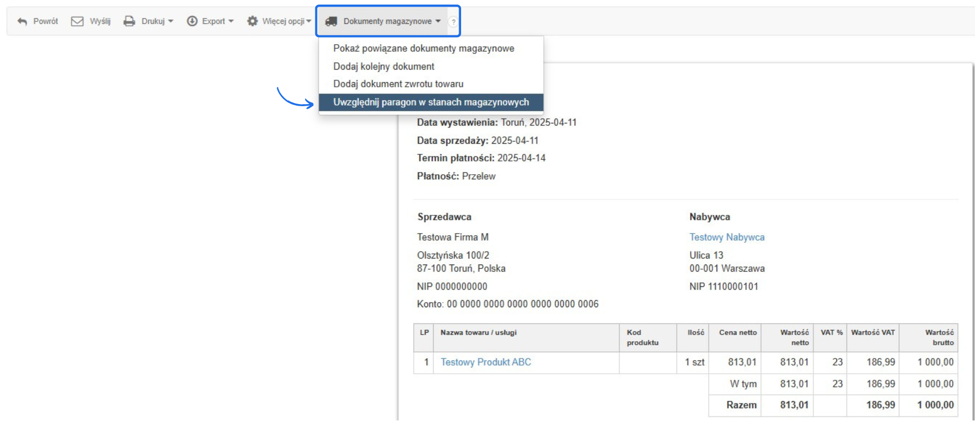 Podgląd paragonu z opcją „Uwzględnij paragon w stanach magazynowych” w menu Dokumenty magazynowe.