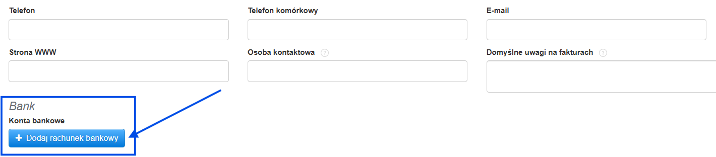 Formularz tworzenia/edycji działu z sekcją bank, która pozwala na dodanie rachunku bankowego firmy.