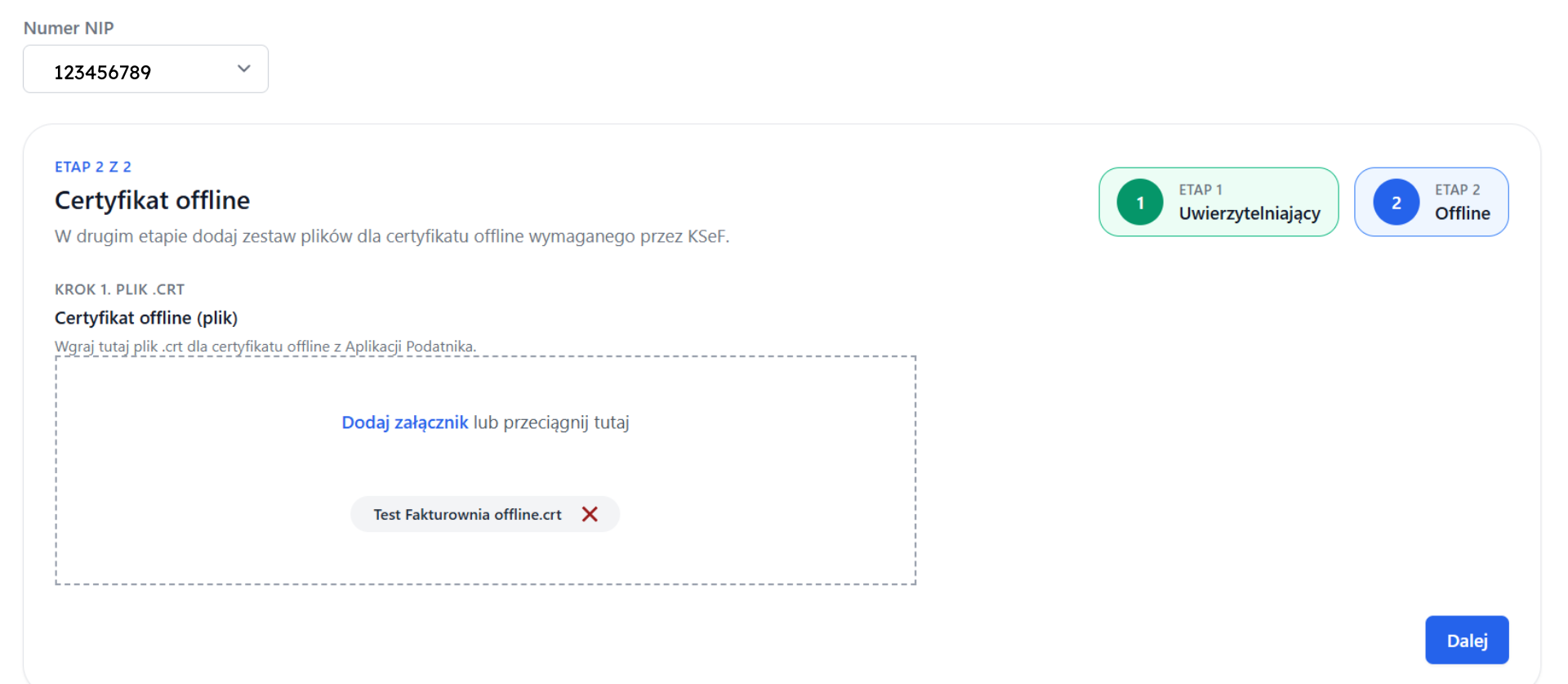 Dodawanie pliku .crt dla certyfikatu offline w drugim etapie autoryzacji KSeF w aplikacji Fakturownia.