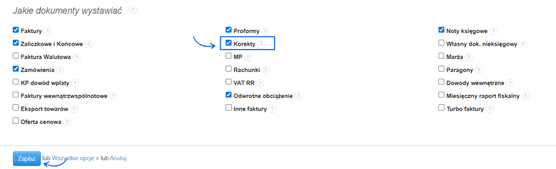 Sekcja wyboru typu dokumentów dostępnych do wystawiania w obrębie konta z aktywną opcją korekty.