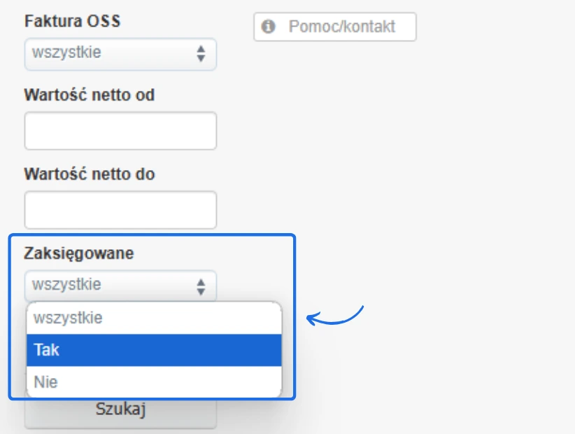 Opcja filtrowania wydatków w Fakturowni z rozwijanym menu 'Zaksięgowane' umożliwiającym wybór statusu 'Tak', 'Nie' lub 'wszystkie'.