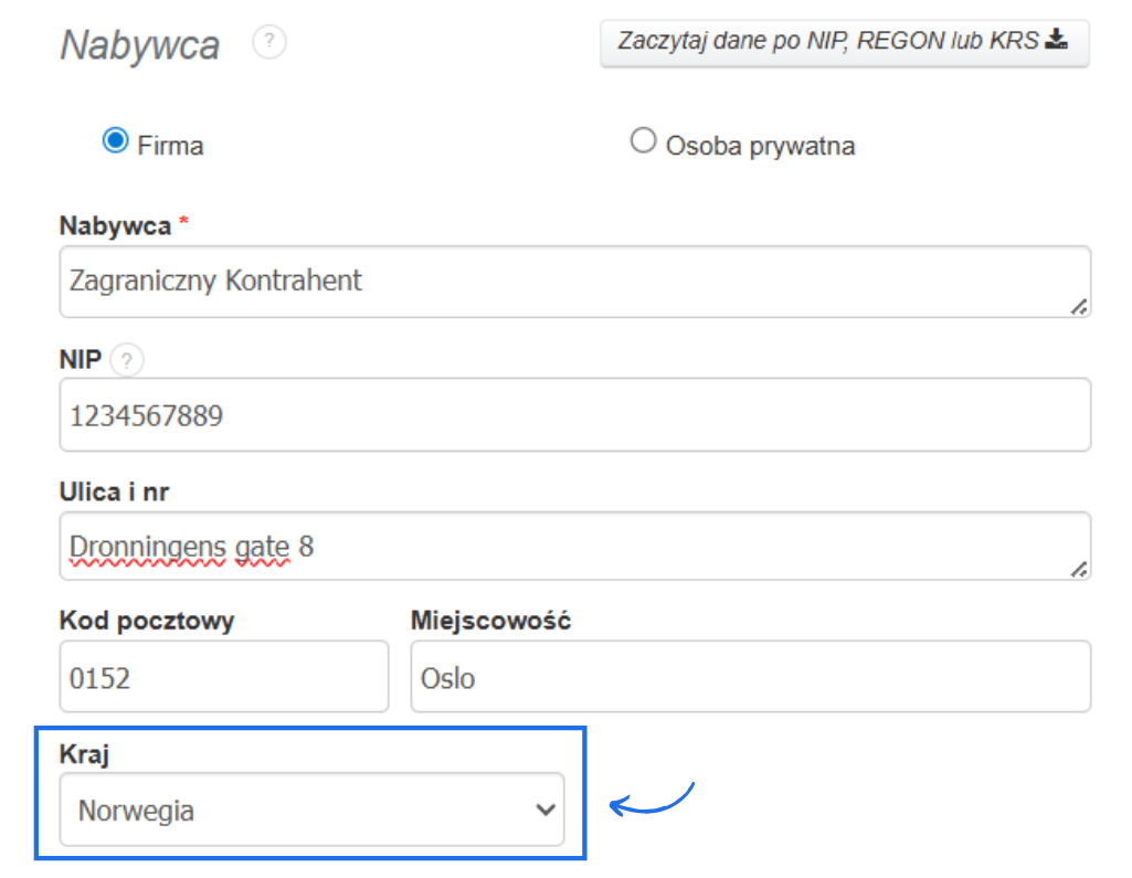 Formularz tworzenia faktury z danymi Nabywcy i wskazanym pole kraj.