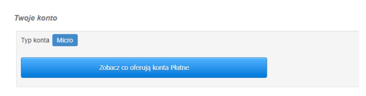 Widok konta typu Micro z przyciskiem do sprawdzenia oferty kont płatnych w systemie zarządzania kontami online