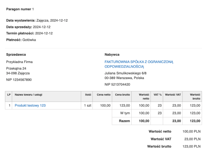 Podgląd paragonu w systemie Fakturownia z danymi sprzedawcy, nabywcy i szczegółami transakcji.